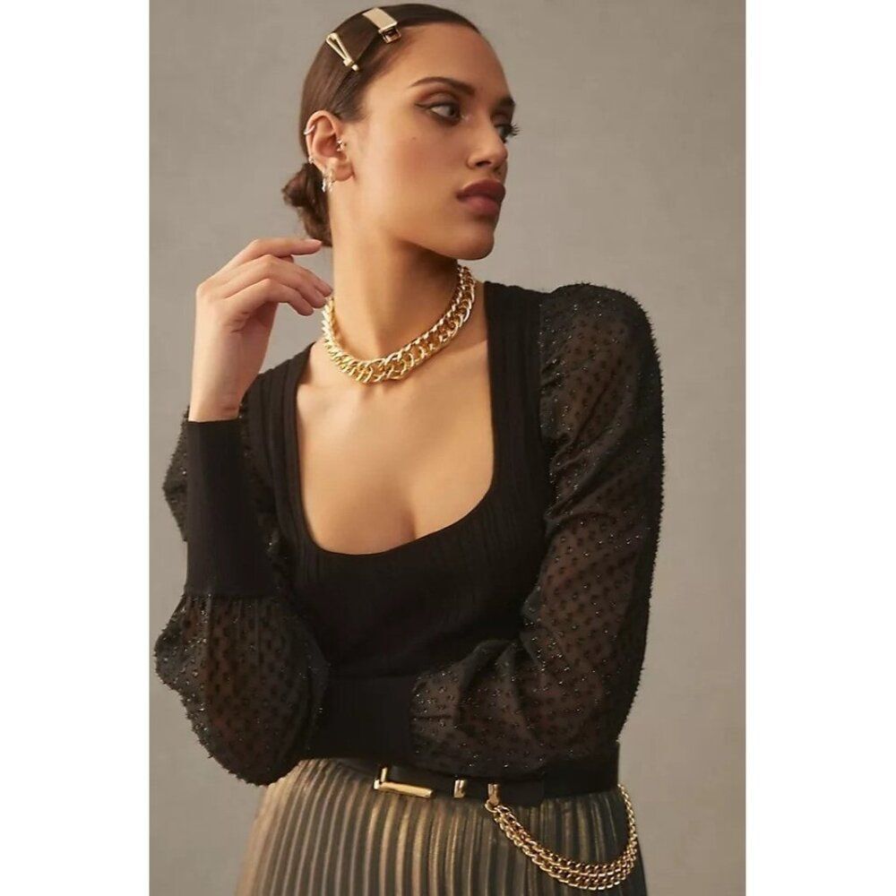 Anthropologie Black Puff Sleeve Shimmer Sweater Women's Medium